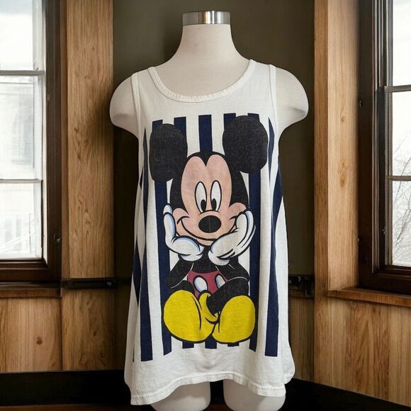 Mickey Mouse Disney White Tank Top Oversized Graphic Racer Back Small - Picture 1 of 7